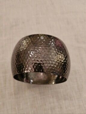 Vintage Hammered Pewter Wide Dome Bangle Bracelet Chunky Brutalist Silver Tone